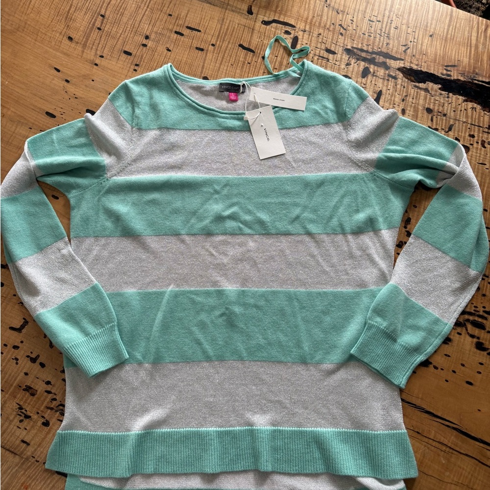 Vince Camuto Womens Sweater Metallic Silver Mint Green Stripe Long Sleeve